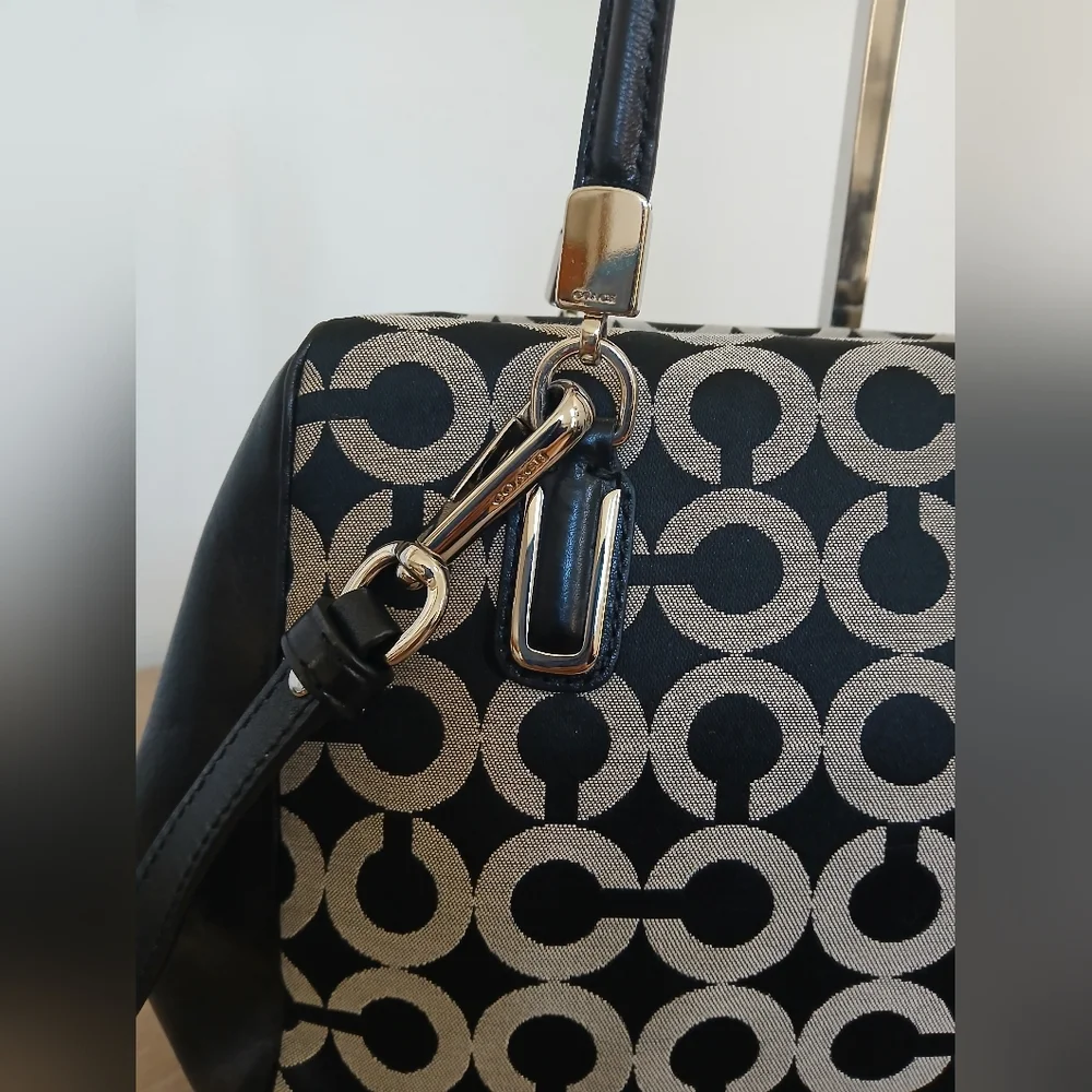 Coach Madison Small Madeline East West Satchel Leather Trim Op Art Fabric